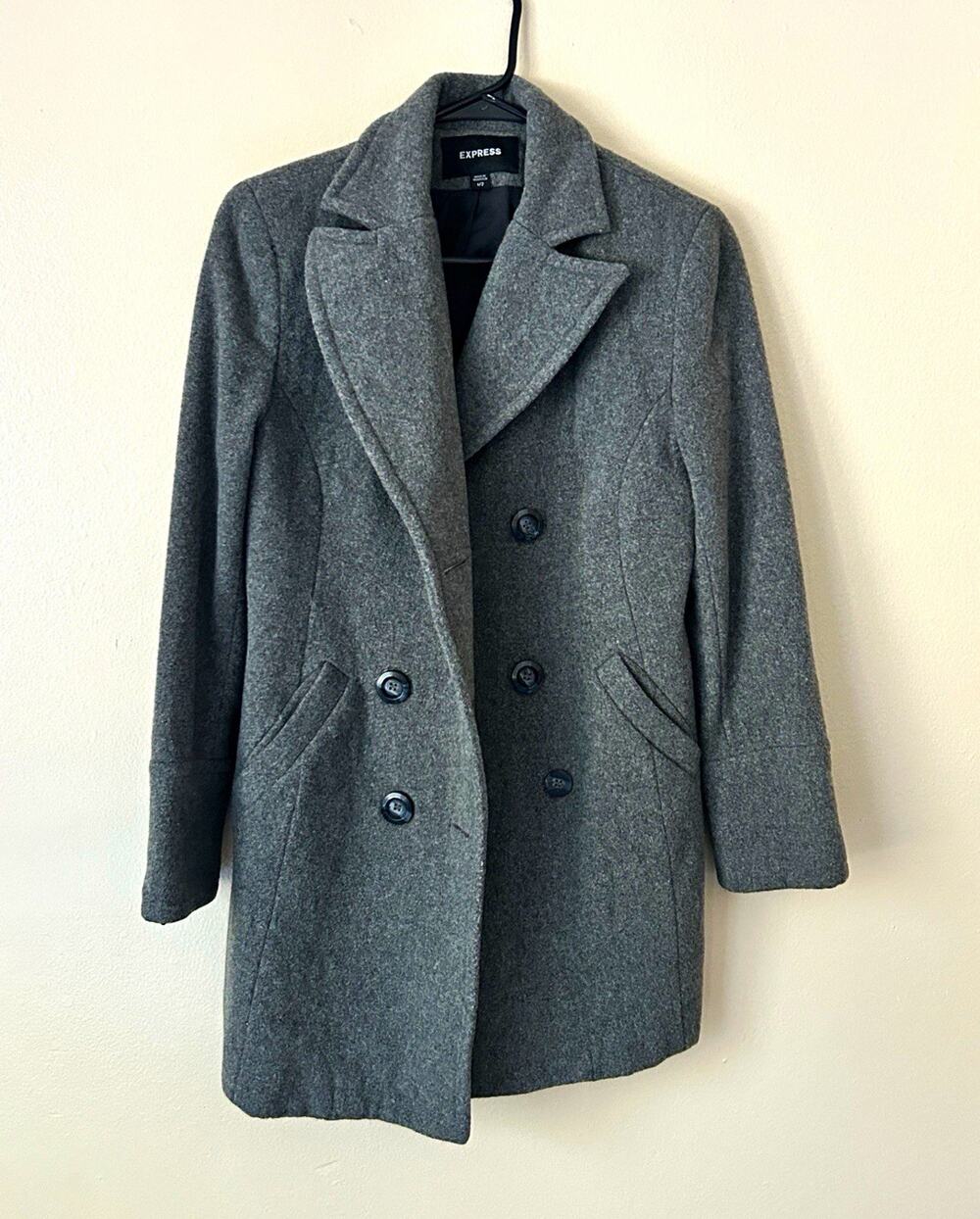Express Women's Gray Pea Coat XS Regular Mid-Length Double-Breasted Lined